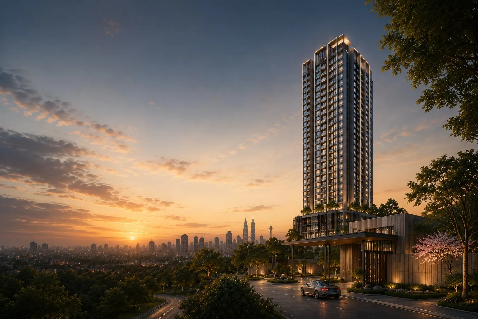 Lunar Residence tower at dusk with the Kuala Lumpur skyline in the distance, Seputeh