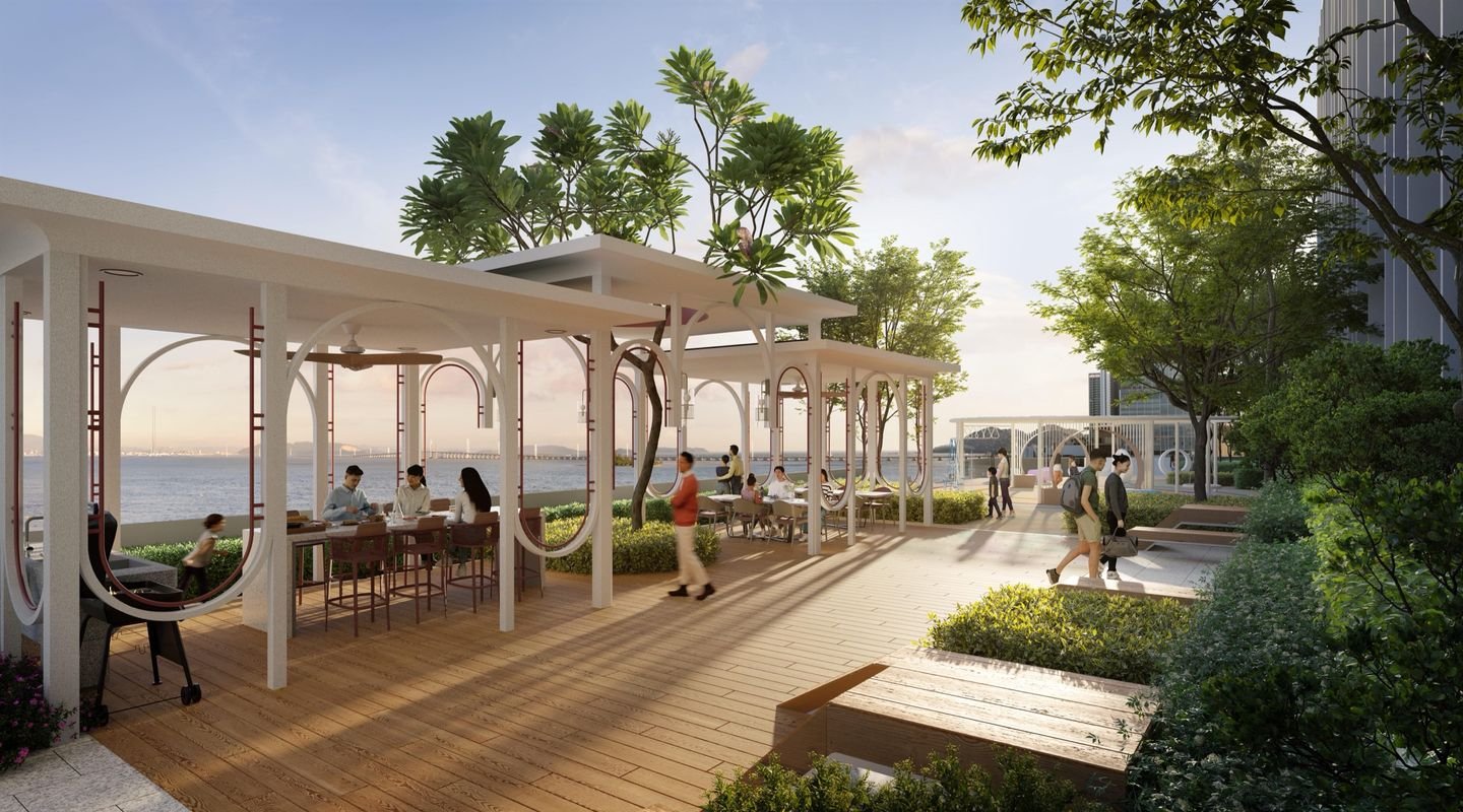 Artist's impression of the Level 5 barbecue pavilions on a timber deck facing the sea and the Penang Bridge