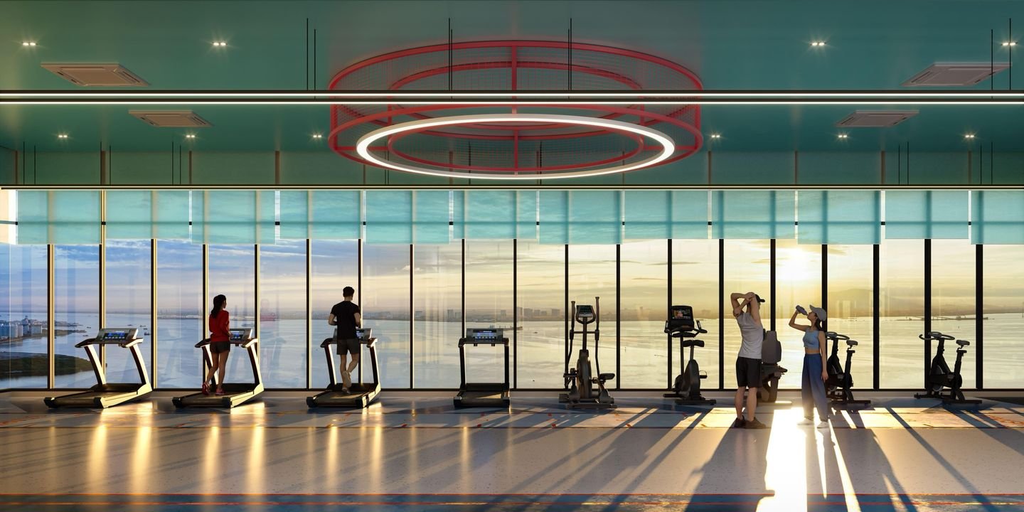 Artist's impression of the Horizon Gym, a glass-walled sky gym with treadmills facing the sea at sunrise