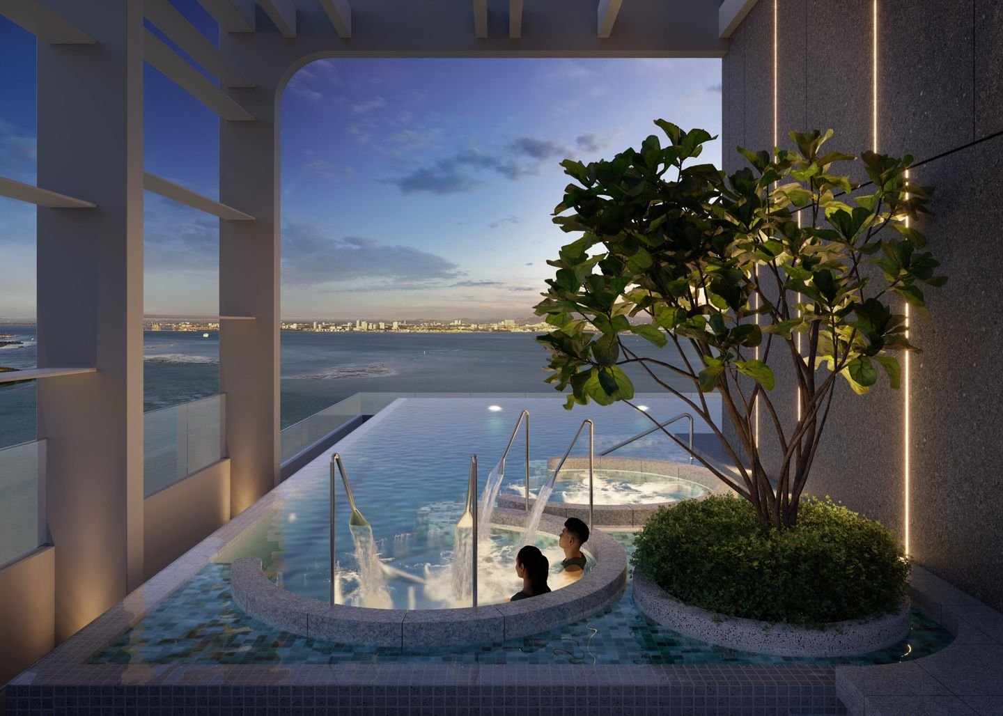 Artist's impression of the Jacuzzi Pod at dusk, two guests in a jet pool beside the infinity edge, looking across the strait
