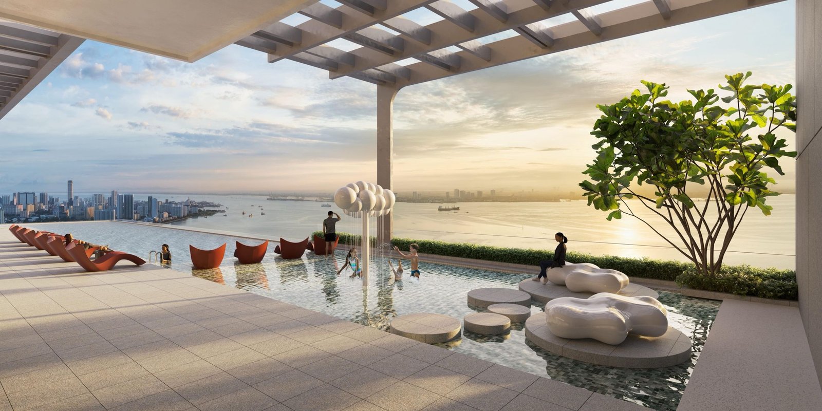 Artist's impression of the Level 21 pool deck: children play under a sculpted fountain in the Little Mariner's Pool beside the infinity-edge Horizon Pool, with George Town's skyline and the strait at sunrise