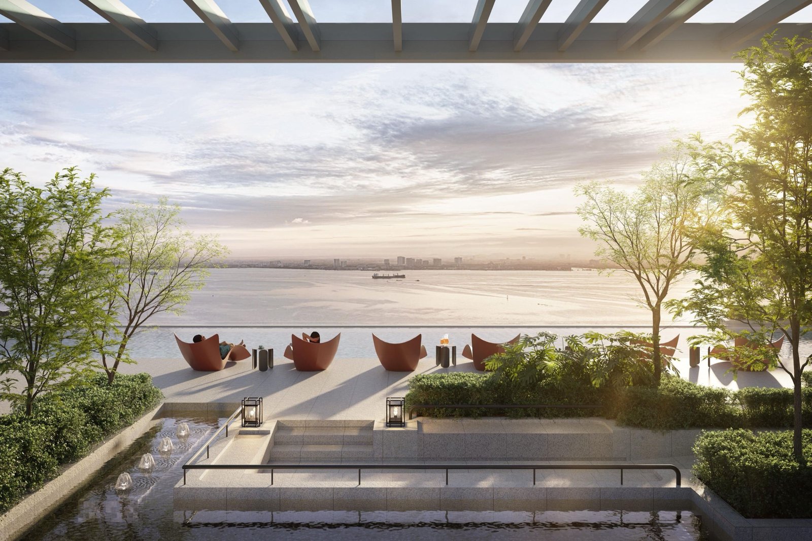 Artist's impression of the Sunken Oasis on Level 21: lounge chairs at an infinity edge facing the Penang Strait at sunset
