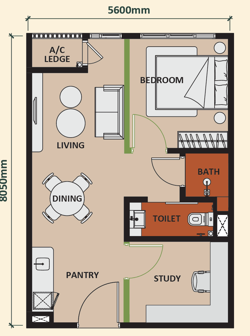 Type A1 floor plan, 484 sq ft: living and dining, bedroom, bath, separate toilet, pantry and study, 5,600 by 8,050 mm