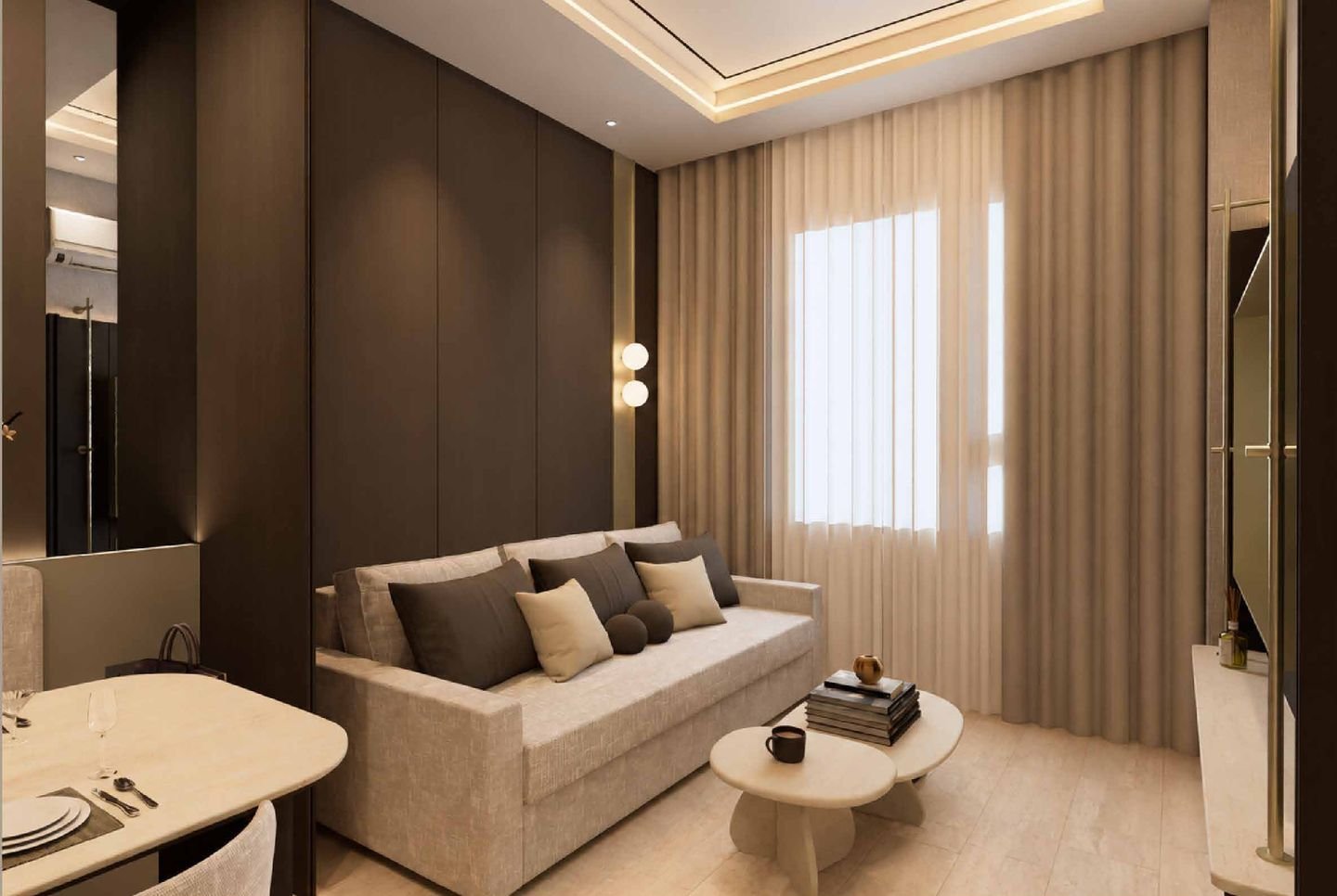 Interior design concept for a Type B suite in light oak and linen