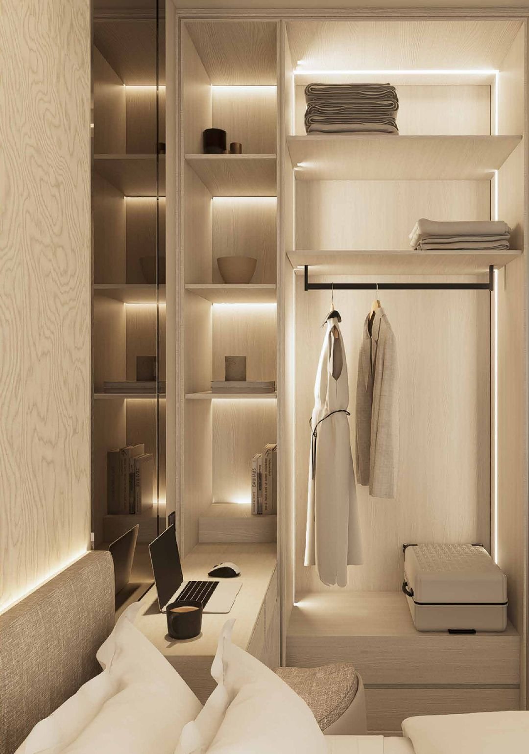 Interior design concept: open shelving with integrated lighting, Type B suite