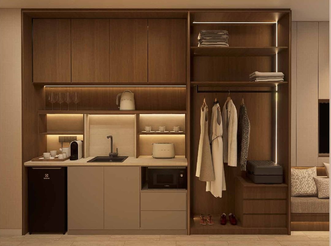 Interior design concept: built-in pantry and wardrobe wall for a Type A suite
