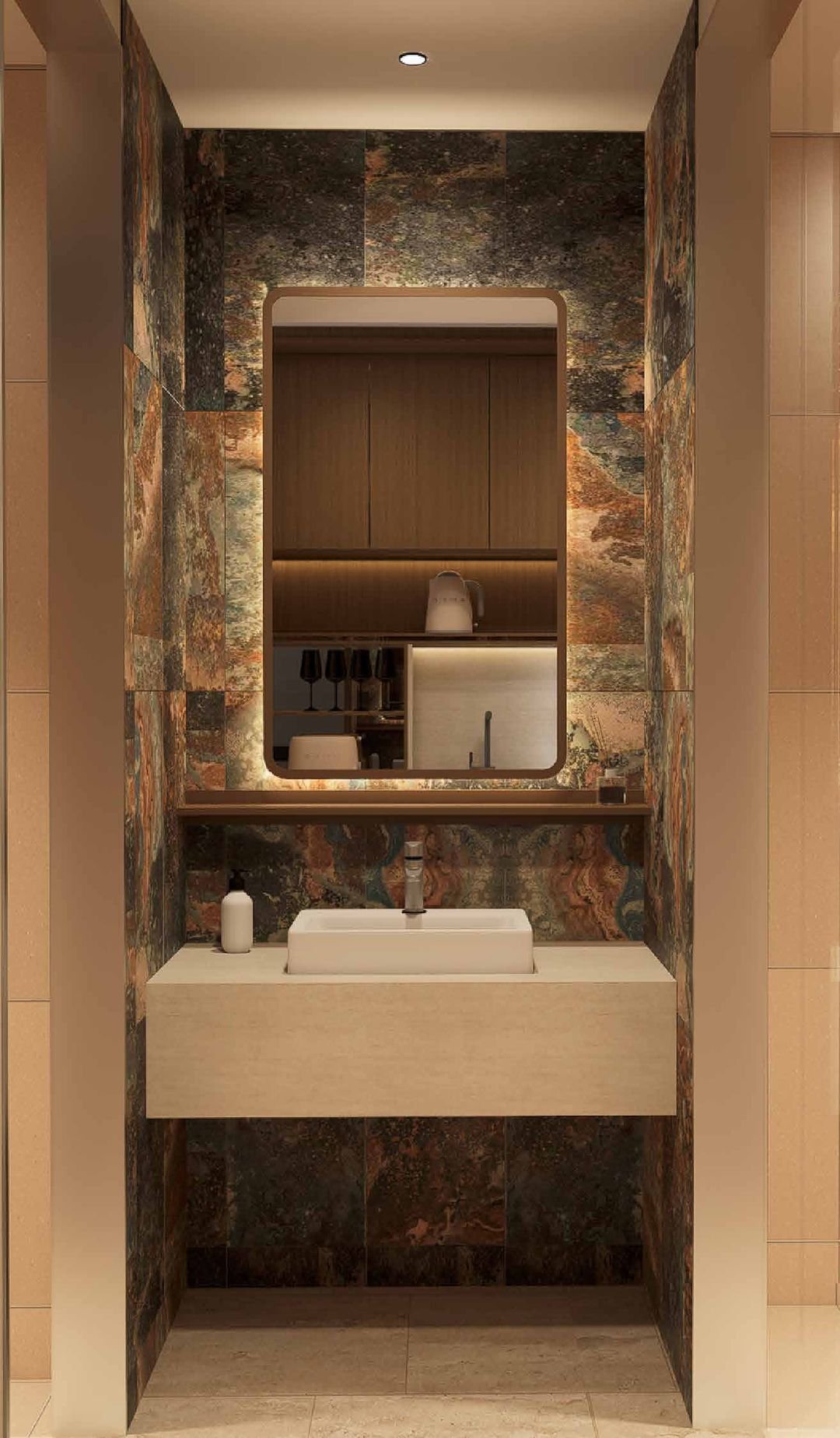 Interior design concept: stone vanity with backlit mirror