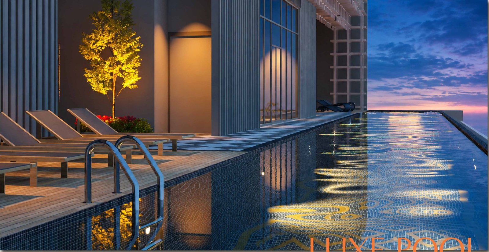 Artist's impression of the Luxe Pool on Level 53A of Tower A at dusk