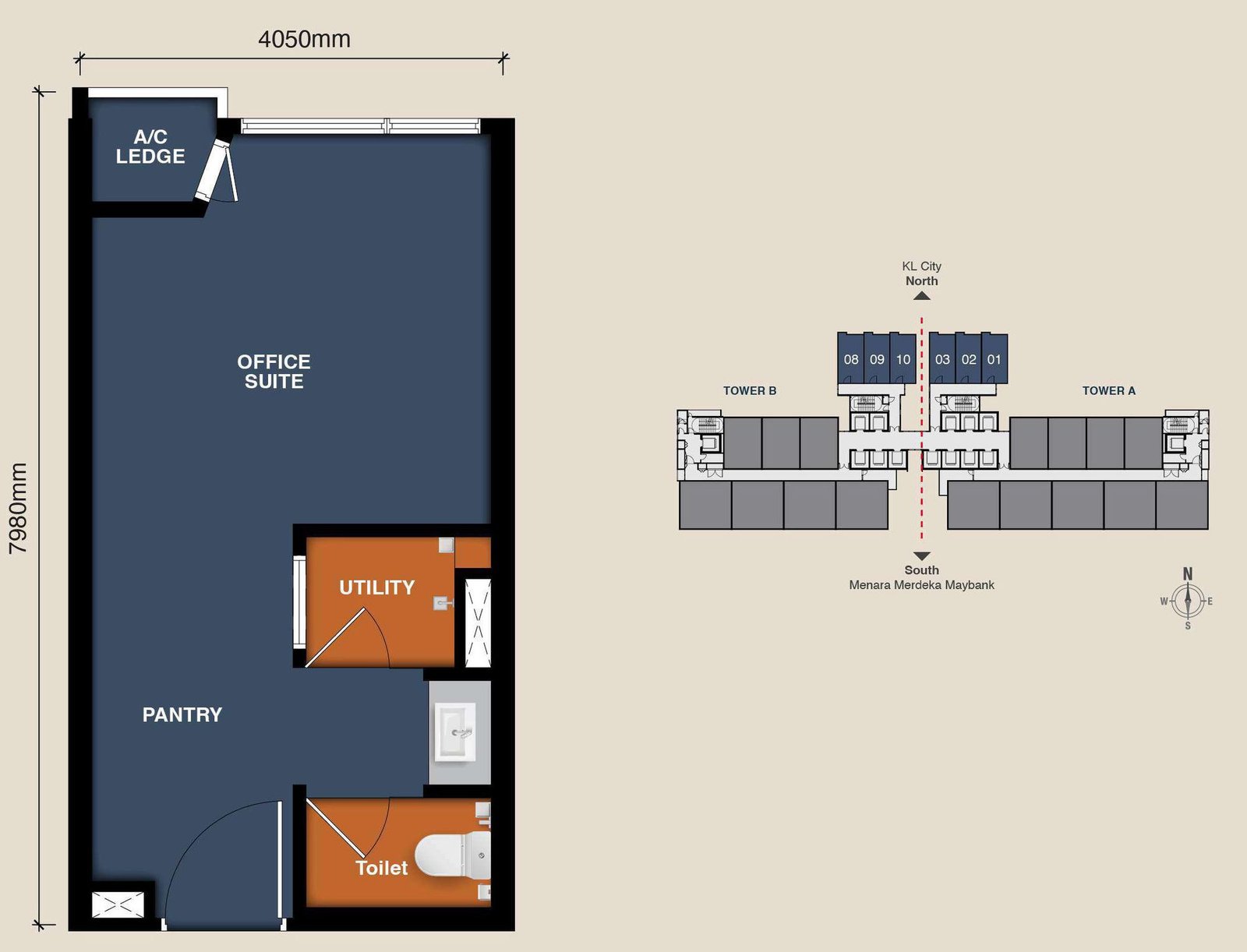 Type A unit plan, 323 sq ft (4,050 × 7,980 mm): office suite with pantry, utility and toilet, A/C ledge; key plan shows units 01–03 and 08–10 on the north side.