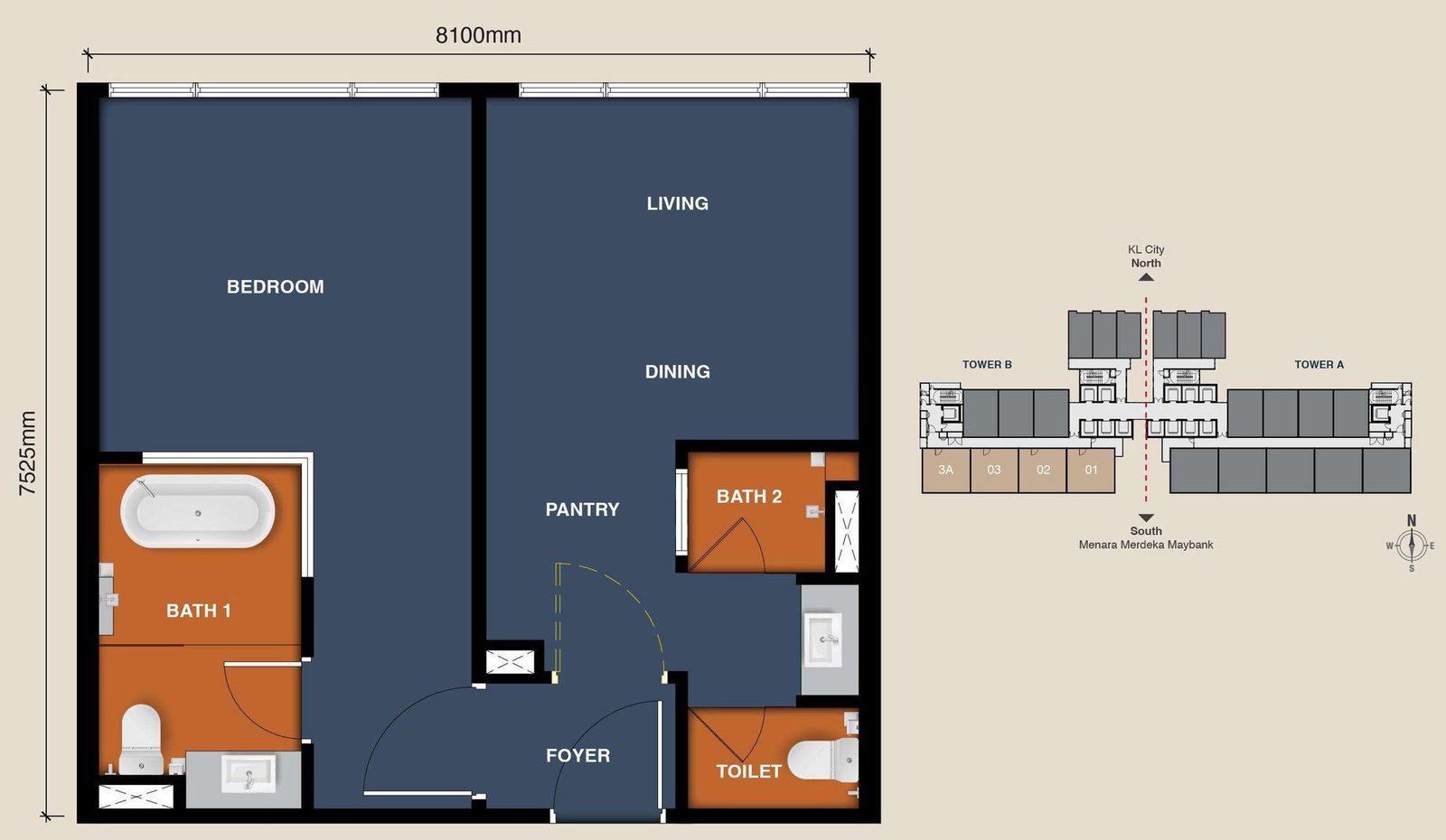 Type C(M) unit plan, the mirrored Type C layout, 657 sq ft (8,100 × 7,525 mm): bedroom zone with bath 1 on the left, living, dining and pantry zone with bath 2 and toilet on the right, shared foyer; key plan shows units 3A and 01–03 on the south side.