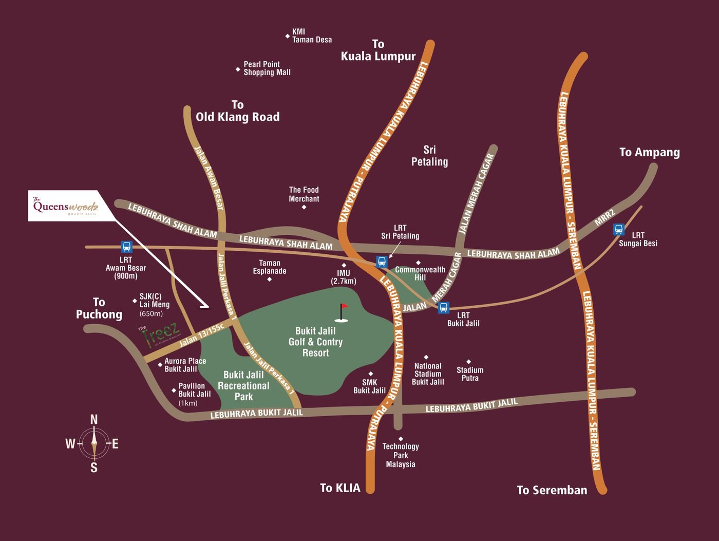 Location map of The Queenswoodz in Bukit Jalil, showing LRT Awan Besar, Pavilion Bukit Jalil, Aurora Place, Bukit Jalil Recreational Park and nearby highways