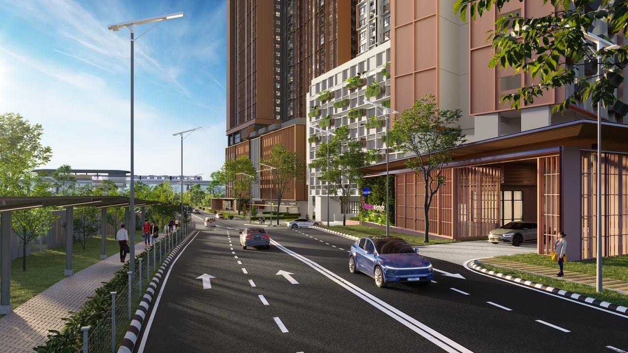 Artist's impression of the street outside The Queenswoodz, with an LRT line in the distance