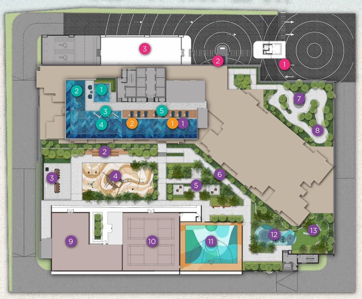 Facilities layout plan showing the landscaped podium, pools, courts and activity areas