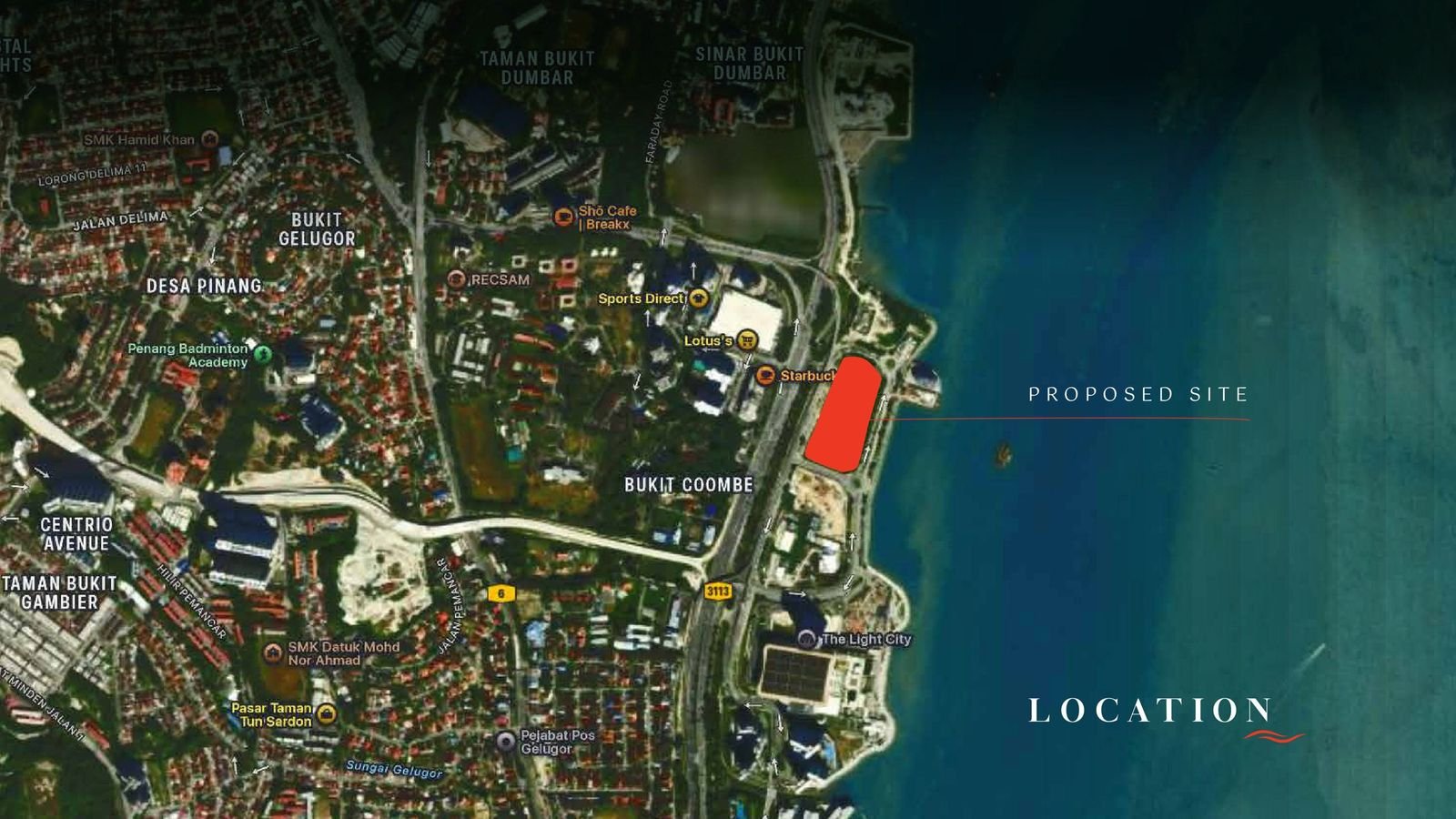 Developer's location aerial marking the proposed site on Penang's waterfront