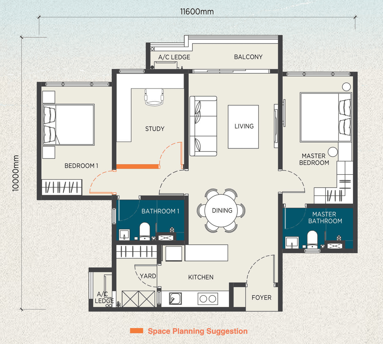 Floor plan of The Capehauz Type B1 · with balcony, 947 sq ft