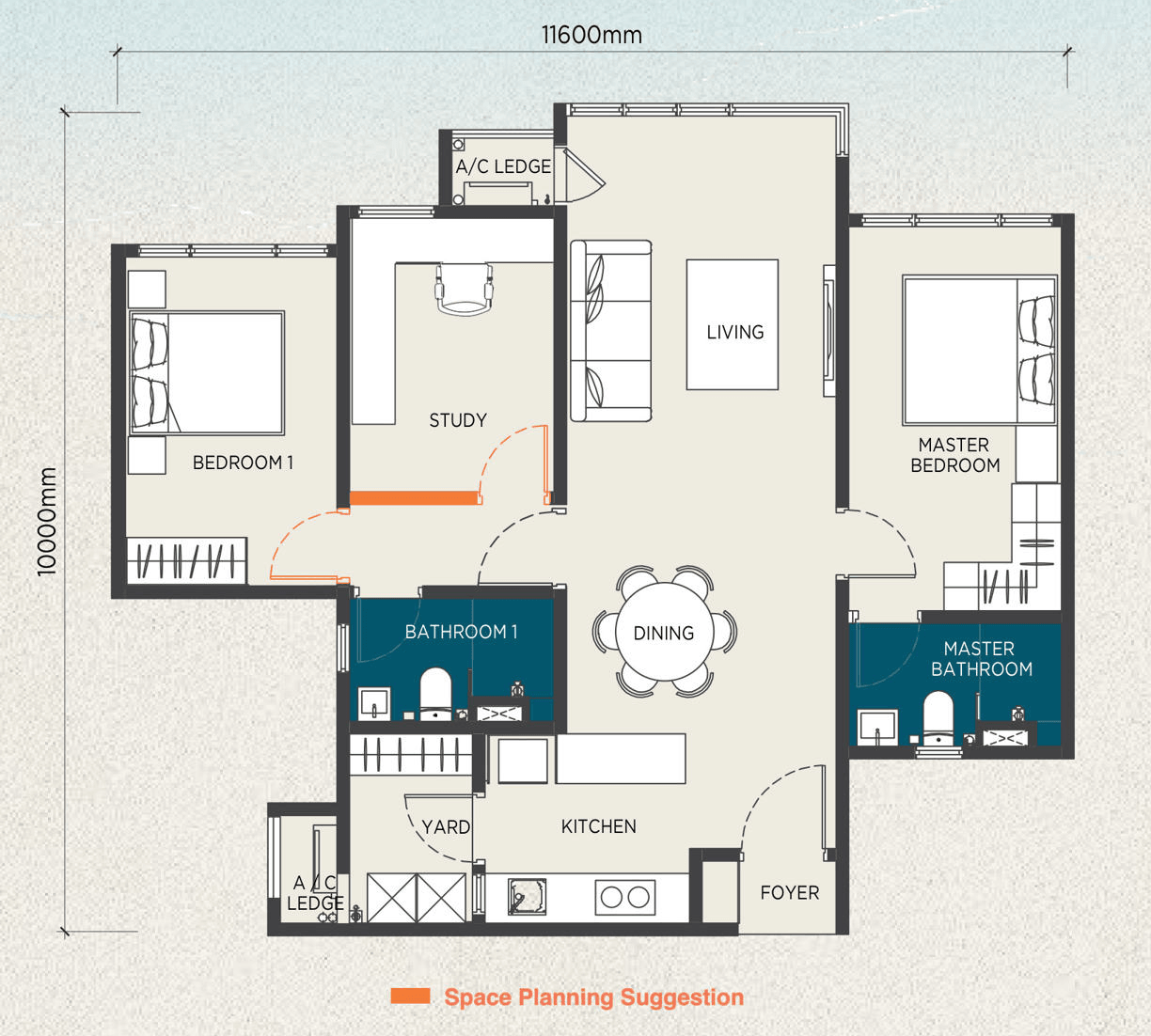 Floor plan of The Capehauz Type B2 · without balcony, 947 sq ft