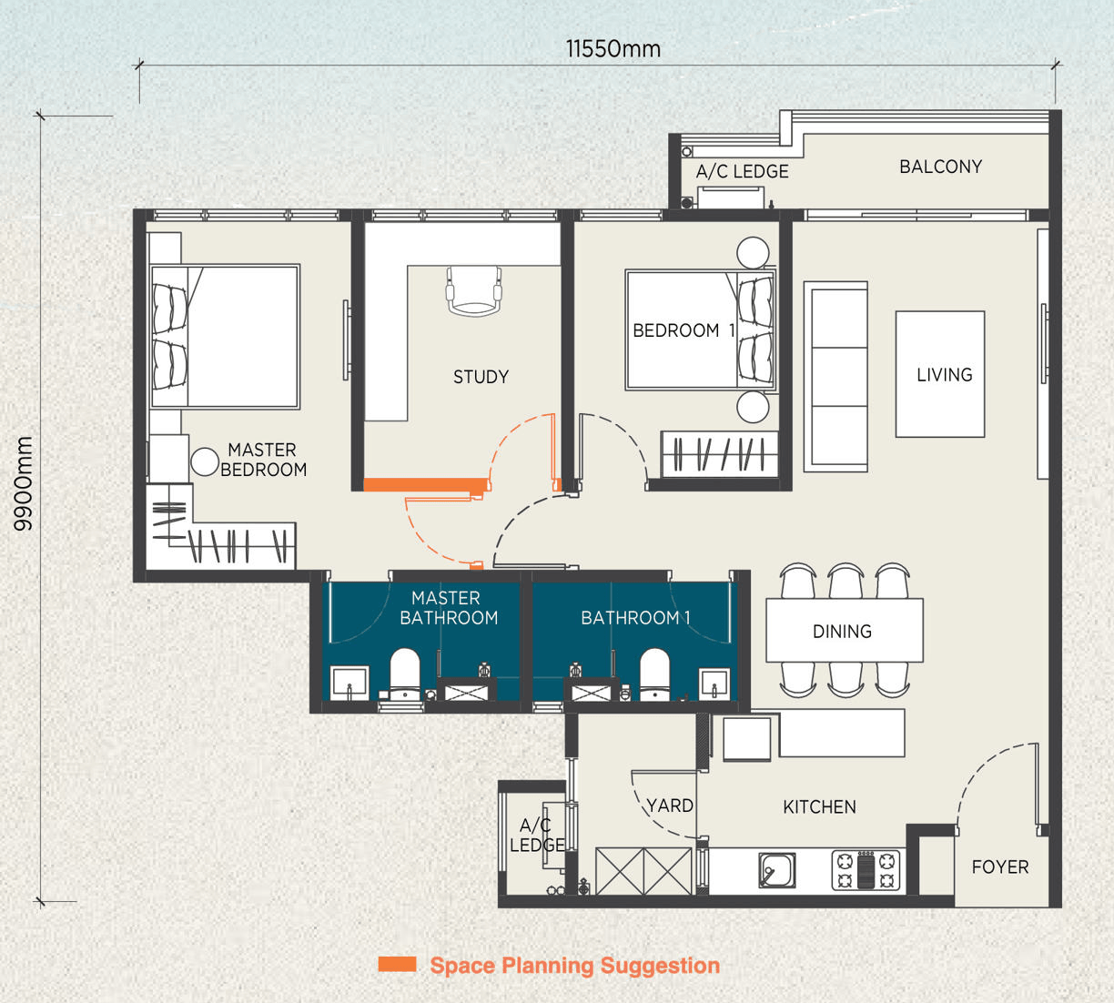 Floor plan of The Capehauz Type C1 · with balcony, 947 sq ft