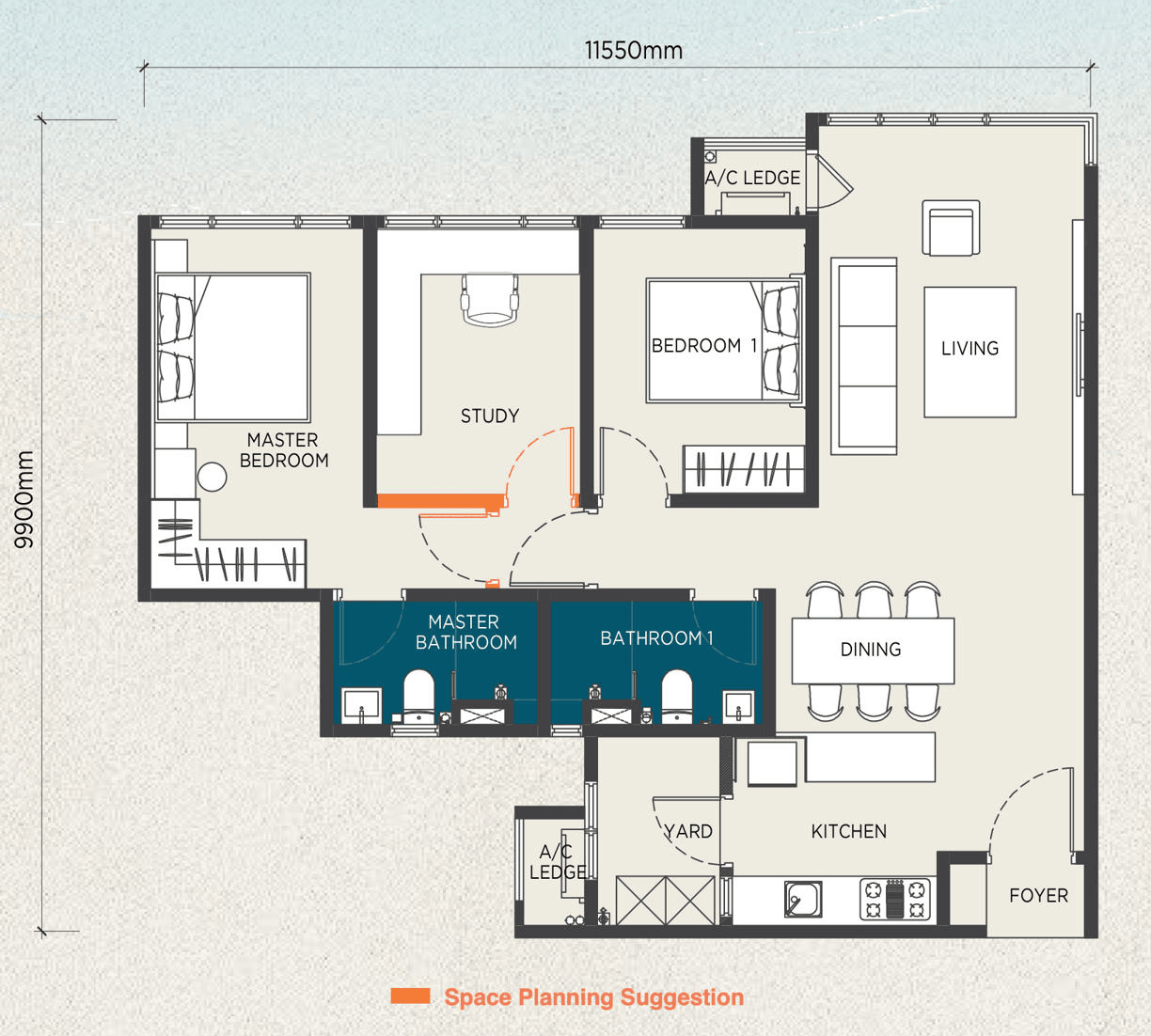 Floor plan of The Capehauz Type C2 · without balcony, 947 sq ft