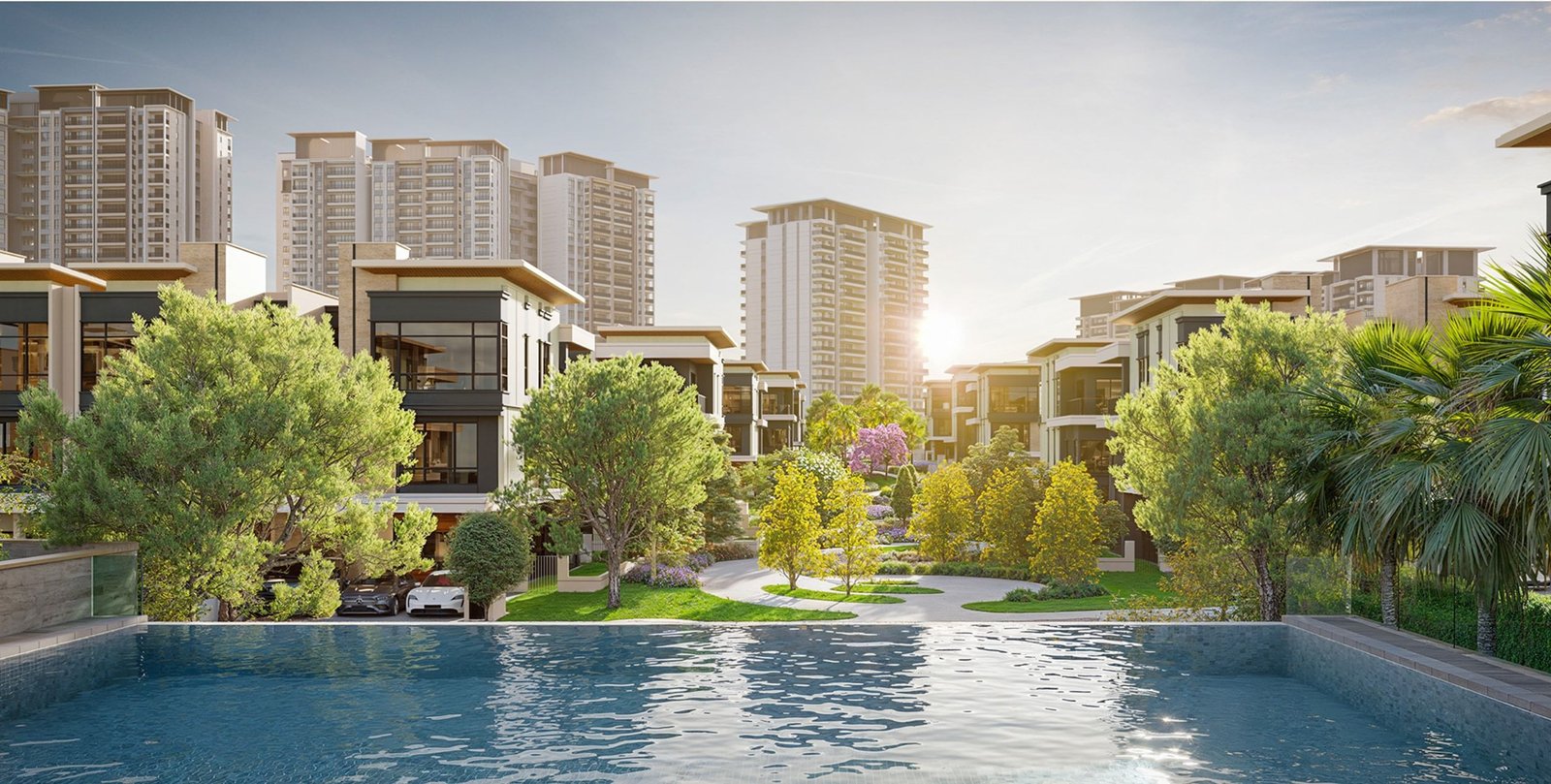 Artist's impression of Zenia Parkhomes across a swimming pool, with the Condovilla blocks behind